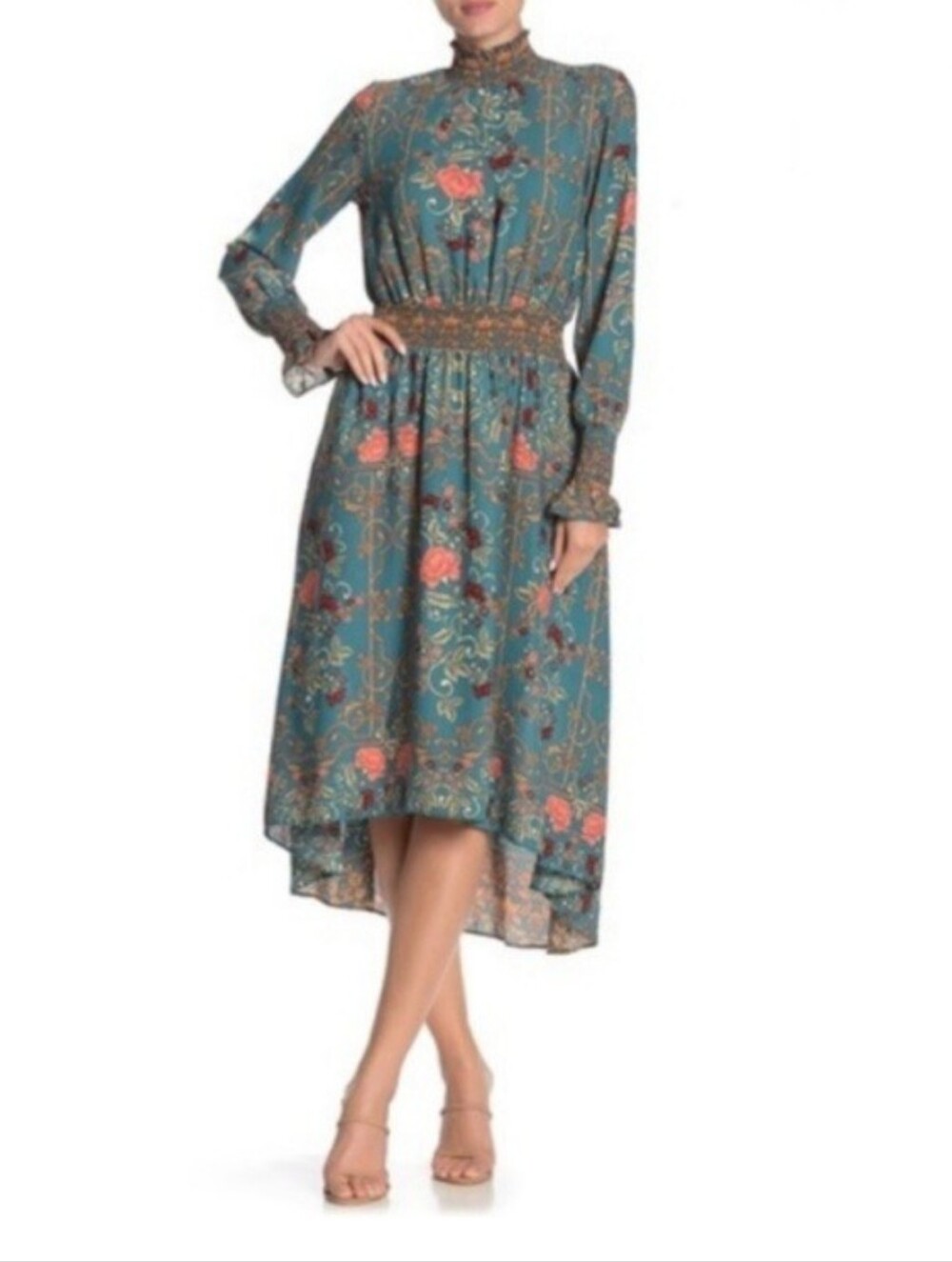 Nanette Lepore Teal Coral Floral Long-Sleeve Midi Dress Victorian Romantic Sz 8